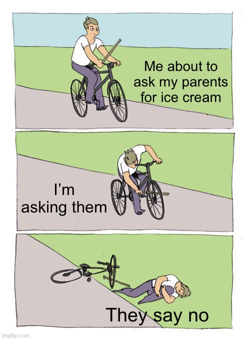 Bike Fall | Me about to ask my parents for ice cream; I’m asking them; They say no | image tagged in memes,bike fall | made w/ Imgflip meme maker