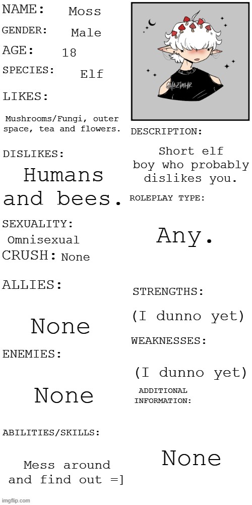 If you're interested, please put a memechat  link in the comments. Or I can. | Moss; Male; 18; Elf; Mushrooms/Fungi, outer space, tea and flowers. Short elf boy who probably dislikes you. Humans and bees. Any. Omnisexual; None; (I dunno yet); None; (I dunno yet); None; None; Mess around and find out =] | image tagged in updated roleplay oc showcase | made w/ Imgflip meme maker
