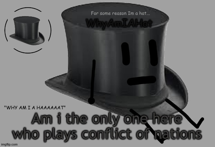 Hat announcement temp | Am i the only one here who plays conflict of nations | image tagged in hat announcement temp | made w/ Imgflip meme maker