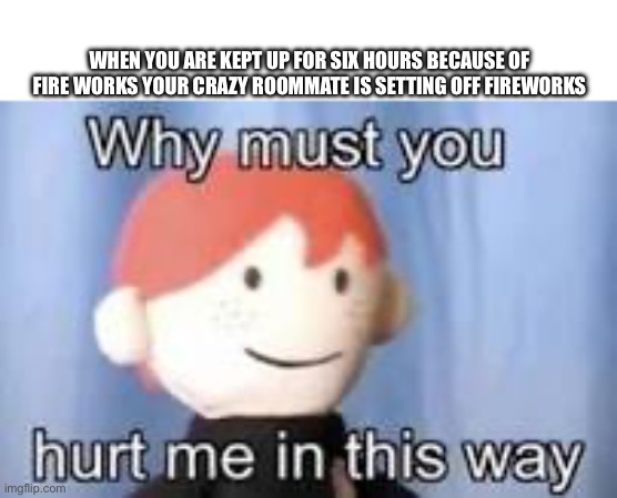 Let me sleep | WHEN YOU ARE KEPT UP FOR SIX HOURS BECAUSE OF FIRE WORKS YOUR CRAZY ROOMMATE IS SETTING OFF FIREWORKS | image tagged in why must you hurt me in this way,roomate,fireworks,funny,memes,crazy | made w/ Imgflip meme maker