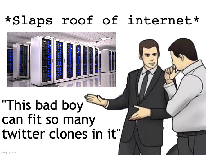 twitter clones | *Slaps roof of internet*; "This bad boy can fit so many twitter clones in it" | image tagged in memes,car salesman slaps hood | made w/ Imgflip meme maker