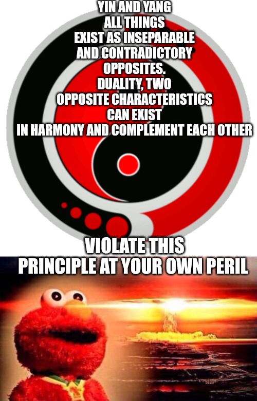 YIN AND YANG
ALL THINGS EXIST AS INSEPARABLE AND CONTRADICTORY OPPOSITES. DUALITY, TWO OPPOSITE CHARACTERISTICS CAN EXIST IN HARMONY AND COMPLEMENT EACH OTHER; VIOLATE THIS PRINCIPLE AT YOUR OWN PERIL | made w/ Imgflip meme maker