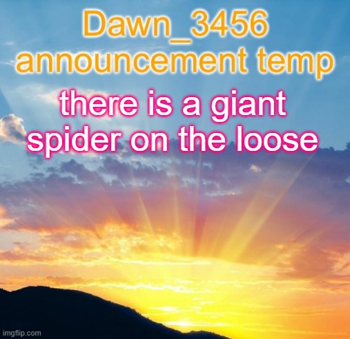 Dawn_3456 announcement | there is a giant spider on the loose | image tagged in dawn_3456 announcement | made w/ Imgflip meme maker