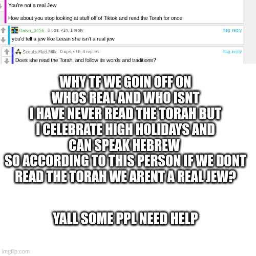 wtf | WHY TF WE GOIN OFF ON WHOS REAL AND WHO ISNT
I HAVE NEVER READ THE TORAH BUT I CELEBRATE HIGH HOLIDAYS AND CAN SPEAK HEBREW 
SO ACCORDING TO THIS PERSON IF WE DONT READ THE TORAH WE ARENT A REAL JEW? YALL SOME PPL NEED HELP | image tagged in blank white template | made w/ Imgflip meme maker