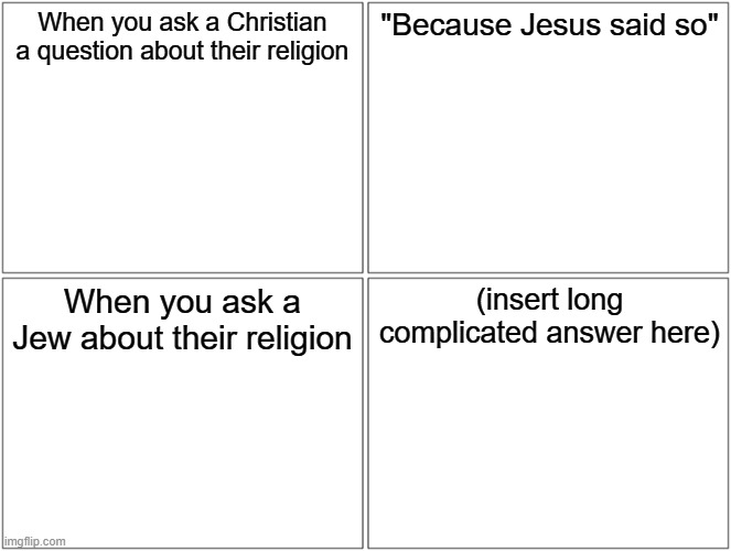 Blank Comic Panel 2x2 Meme | When you ask a Christian a question about their religion; "Because Jesus said so"; When you ask a Jew about their religion; (insert long complicated answer here) | image tagged in memes,blank comic panel 2x2 | made w/ Imgflip meme maker