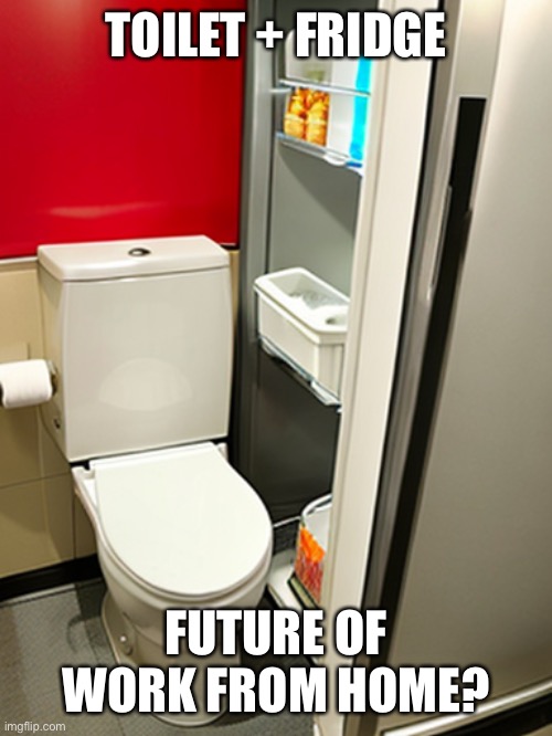 Future WorkStation (WFH) | TOILET + FRIDGE; FUTURE OF WORK FROM HOME? | image tagged in your future work from home station | made w/ Imgflip meme maker
