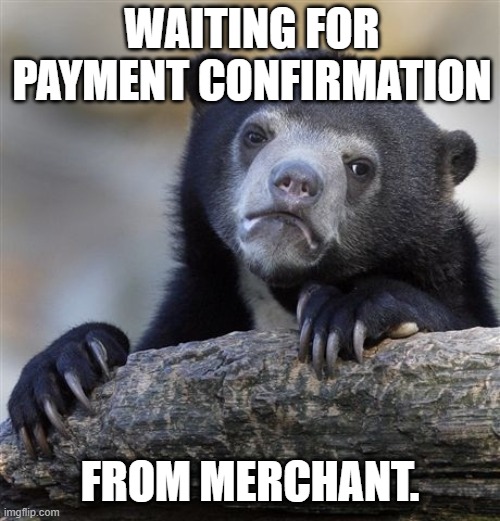 Confession Bear Meme | WAITING FOR PAYMENT CONFIRMATION; FROM MERCHANT. | image tagged in memes,confession bear | made w/ Imgflip meme maker