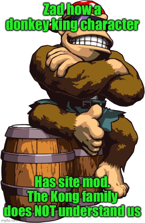 SurlyKong | Zad how a donkey king character; Has site mod. The Kong family does NOT understand us | image tagged in surlykong | made w/ Imgflip meme maker
