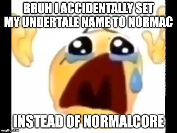 cursed crying emoji | BRUH I ACCIDENTALLY SET MY UNDERTALE NAME TO NORMAC; INSTEAD OF NORMALCORE | image tagged in cursed crying emoji | made w/ Imgflip meme maker