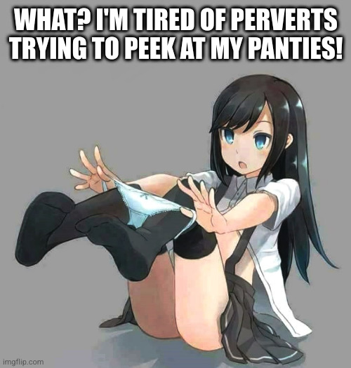 Another orphan rescued from the templates | WHAT? I'M TIRED OF PERVERTS TRYING TO PEEK AT MY PANTIES! | image tagged in anime schoolgirl pulling panties off | made w/ Imgflip meme maker