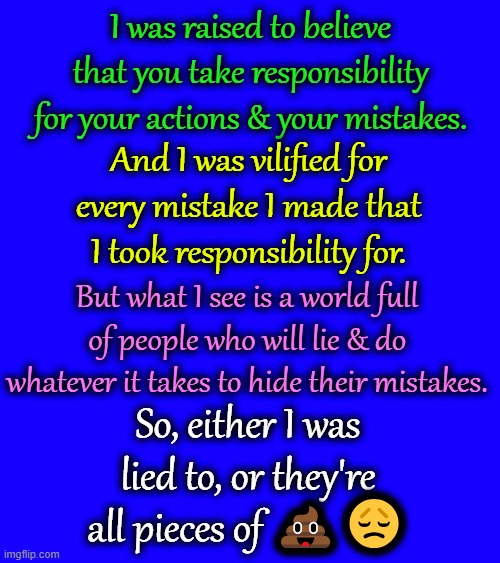 I was raised to believe that you take responsibility for your actions & your mistakes. And I was vilified for every mistake I made that I took responsibility for. But what I see is a world full of people who will lie & do whatever it takes to hide their mistakes. So, either I was lied to, or they're all pieces of 💩😞 | made w/ Imgflip meme maker