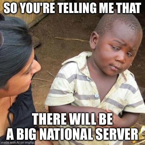 Third World Skeptical Kid Meme | SO YOU'RE TELLING ME THAT; THERE WILL BE A BIG NATIONAL SERVER | image tagged in memes,third world skeptical kid,ai meme | made w/ Imgflip meme maker