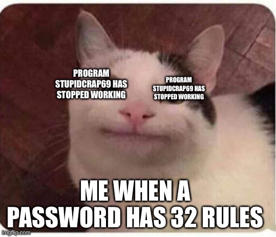 the password game be like… | PROGRAM STUPIDCRAP69 HAS STOPPED WORKING; PROGRAM STUPIDCRAP69 HAS STOPPED WORKING; ME WHEN A PASSWORD HAS 32 RULES | image tagged in polite cat,beluga,me when,so true,password strength | made w/ Imgflip meme maker