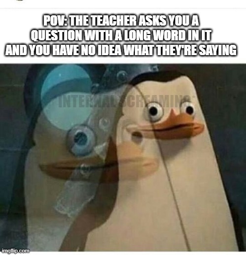 And then the whole class decides to tune in on the conversation | POV: THE TEACHER ASKS YOU A QUESTION WITH A LONG WORD IN IT AND YOU HAVE NO IDEA WHAT THEY'RE SAYING; *INTERNAL SCREAMING* | image tagged in madagascar meme,funny,memes,help me,uhh | made w/ Imgflip meme maker