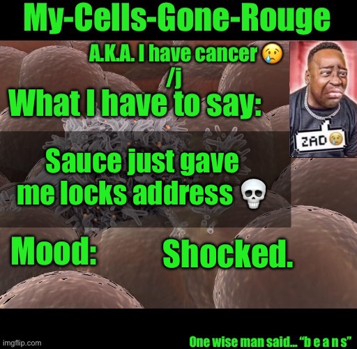 My-Cells-Gone-Rouge announcement | Sauce just gave me locks address 💀; Shocked. | image tagged in my-cells-gone-rouge announcement | made w/ Imgflip meme maker