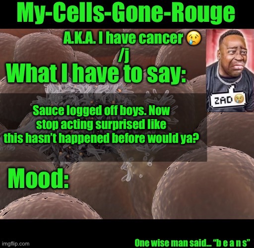 My-Cells-Gone-Rouge announcement | Sauce logged off boys. Now stop acting surprised like this hasn’t happened before would ya? | image tagged in my-cells-gone-rouge announcement | made w/ Imgflip meme maker