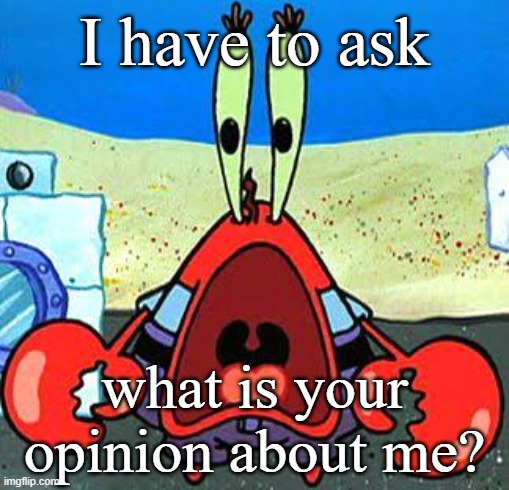 Mr. Krabs Wide Mouth | I have to ask; what is your opinion about me? | image tagged in mr krabs wide mouth | made w/ Imgflip meme maker