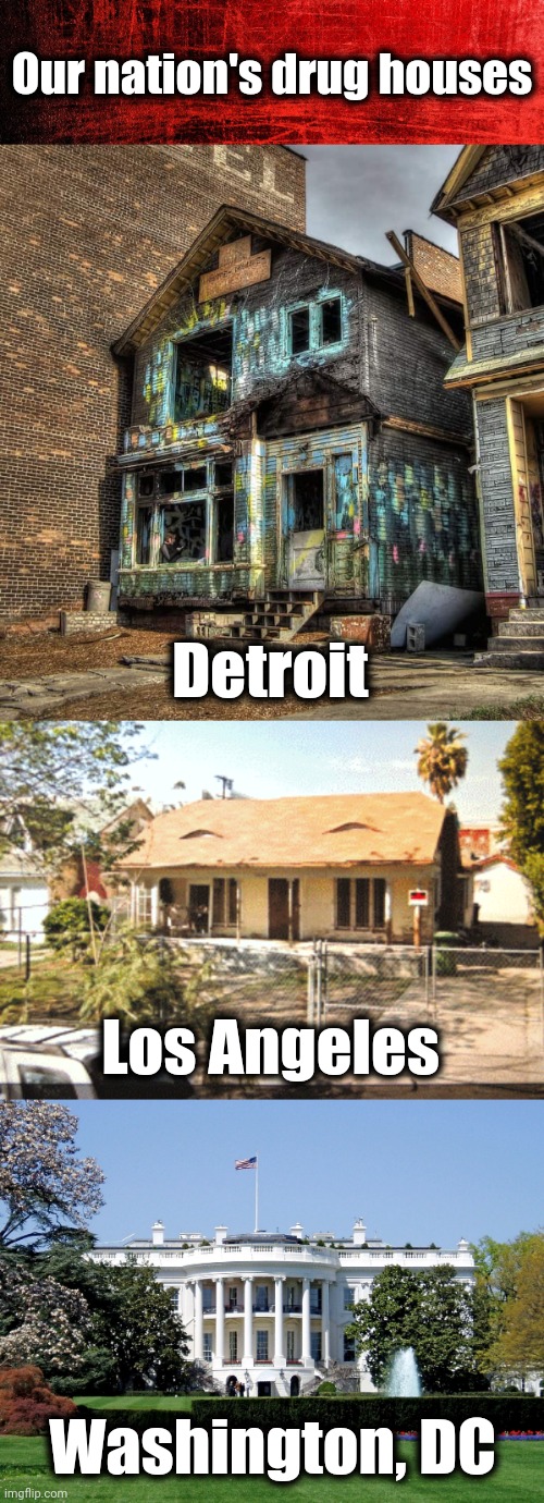 Our nation's drug houses | Our nation's drug houses; Detroit; Los Angeles; Washington, DC | image tagged in white house,memes,democrats,joe biden,hunter biden,cocaine | made w/ Imgflip meme maker