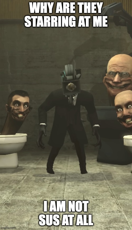 Skibidi Toilets and Cameraman staring at you | WHY ARE THEY STARRING AT ME; I AM NOT SUS AT ALL | image tagged in skibidi toilets and cameraman staring at you | made w/ Imgflip meme maker