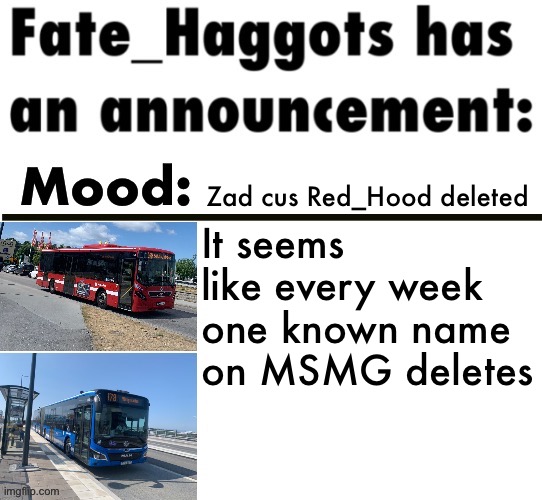 Fate_Haggots announcement template 3 | Zad cus Red_Hood deleted; It seems like every week one known name on MSMG deletes | image tagged in fate_haggots announcement template 3 | made w/ Imgflip meme maker