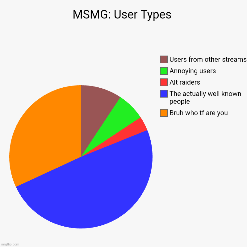 Entering my pie chart phase | MSMG: User Types | Bruh who tf are you, The actually well known people, Alt raiders, Annoying users, Users from other streams | image tagged in charts,pie charts | made w/ Imgflip chart maker