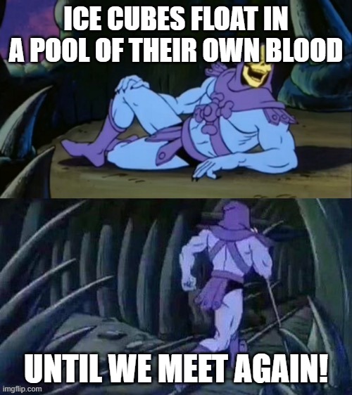 It was a good day | ICE CUBES FLOAT IN A POOL OF THEIR OWN BLOOD; UNTIL WE MEET AGAIN! | image tagged in skeletor disturbing facts | made w/ Imgflip meme maker
