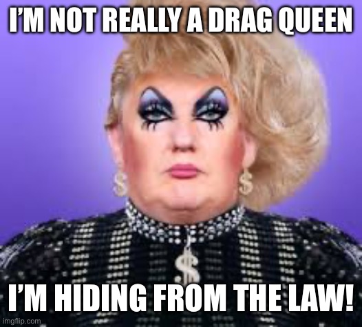 Trump in Drag | I’M NOT REALLY A DRAG QUEEN; I’M HIDING FROM THE LAW! | image tagged in trump in drag | made w/ Imgflip meme maker