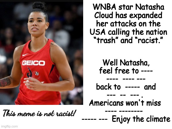 Natasha Cloud hates AMERICA -- the country that made her a MILLIONAIRE | WNBA star Natasha Cloud has expanded her attacks on the USA calling the nation “trash” and “racist.”; Well Natasha, feel free to ----  ----  ---- ---  back to  -----  and ---  --  --- .  Americans won't miss  ---- --------   ----- ---  Enjoy the climate; This meme is not racist! | image tagged in blank white template,not racist,america - love it or leave it,privileged | made w/ Imgflip meme maker