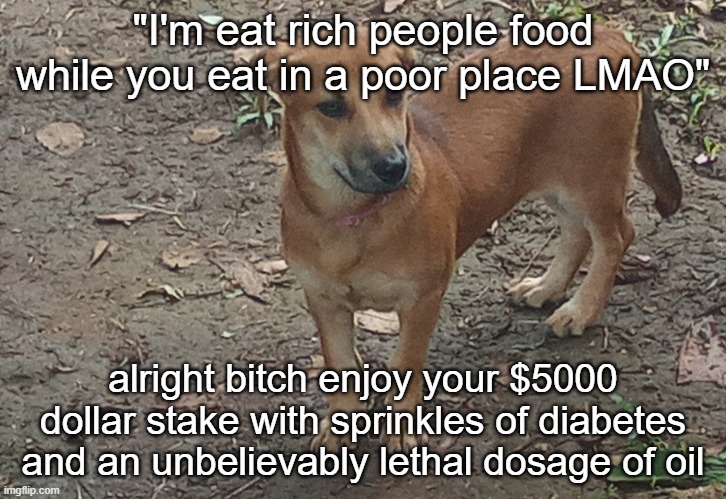 jéan | "I'm eat rich people food while you eat in a poor place LMAO"; alright bitch enjoy your $5000 dollar stake with sprinkles of diabetes and an unbelievably lethal dosage of oil | image tagged in j an | made w/ Imgflip meme maker