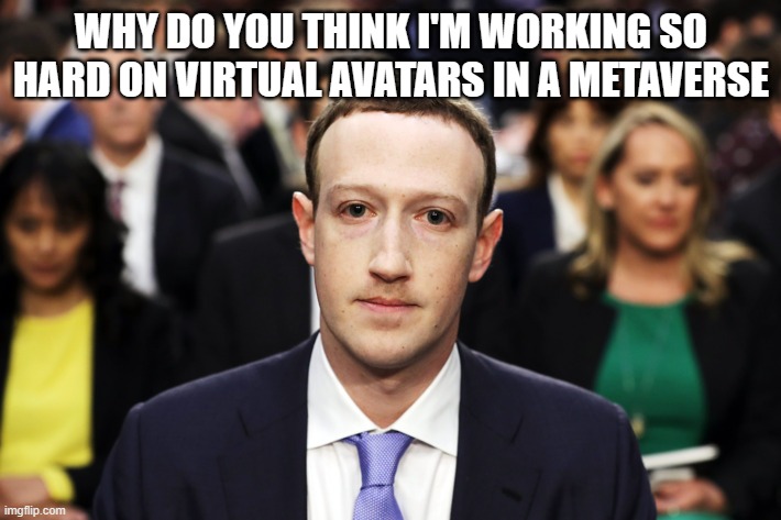 Mark Zuckerberg | WHY DO YOU THINK I'M WORKING SO HARD ON VIRTUAL AVATARS IN A METAVERSE | image tagged in mark zuckerberg | made w/ Imgflip meme maker