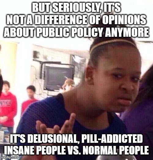 Black Girl Wat Meme | BUT SERIOUSLY, IT'S NOT A DIFFERENCE OF OPINIONS ABOUT PUBLIC POLICY ANYMORE IT'S DELUSIONAL, PILL-ADDICTED INSANE PEOPLE VS. NORMAL PEOPLE | image tagged in memes,black girl wat | made w/ Imgflip meme maker