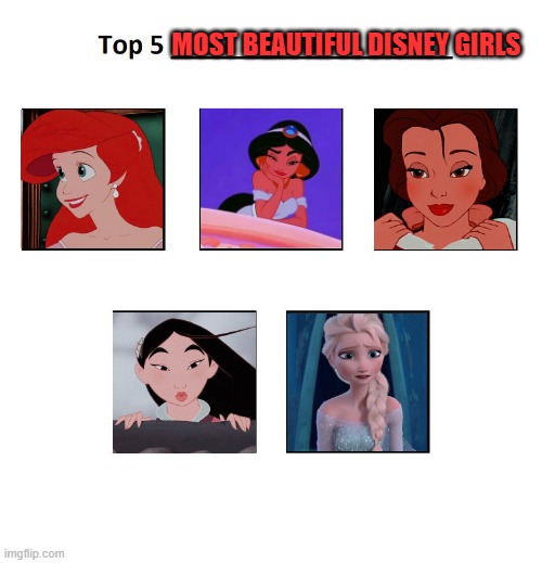 top 5 most beautiful disney girls | MOST BEAUTIFUL DISNEY GIRLS | image tagged in top 5,disney princesses,disney,beautiful woman,animation | made w/ Imgflip meme maker