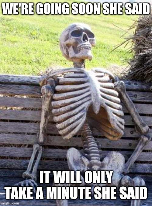 Waiting for my mom to stop talking with her friend | WE'RE GOING SOON SHE SAID; IT WILL ONLY TAKE A MINUTE SHE SAID | image tagged in memes,waiting skeleton | made w/ Imgflip meme maker