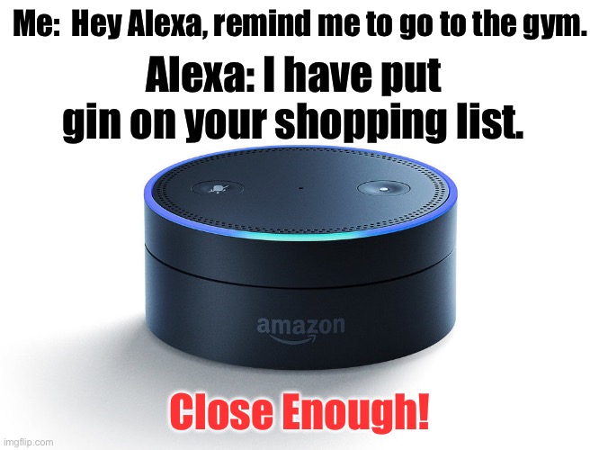Alexa | Me:  Hey Alexa, remind me to go to the gym. Alexa: I have put gin on your shopping list. Close Enough! | image tagged in alexa echo | made w/ Imgflip meme maker