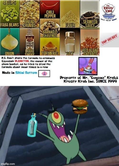 YOU CANT STOP ME NOW CRABS I HAVE THE FORMULA FROM FANDOM | image tagged in spongebob,plankton,plankton evil laugh,krabby patty | made w/ Imgflip meme maker
