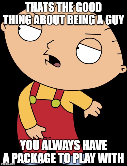 Stewie Griffin Crotch Grab | THATS THE GOOD THING ABOUT BEING A GUY; YOU ALWAYS HAVE A PACKAGE TO PLAY WITH | image tagged in stewie griffin crotch grab,package,play,fun,entertained | made w/ Imgflip meme maker