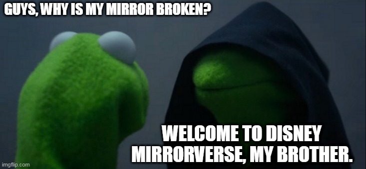 bhj | GUYS, WHY IS MY MIRROR BROKEN? WELCOME TO DISNEY MIRRORVERSE, MY BROTHER. | image tagged in memes,evil kermit | made w/ Imgflip meme maker