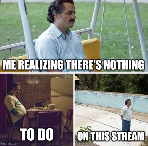 Sad Pablo Escobar | ME REALIZING THERE'S NOTHING; TO DO; ON THIS STREAM | image tagged in memes,sad pablo escobar | made w/ Imgflip meme maker