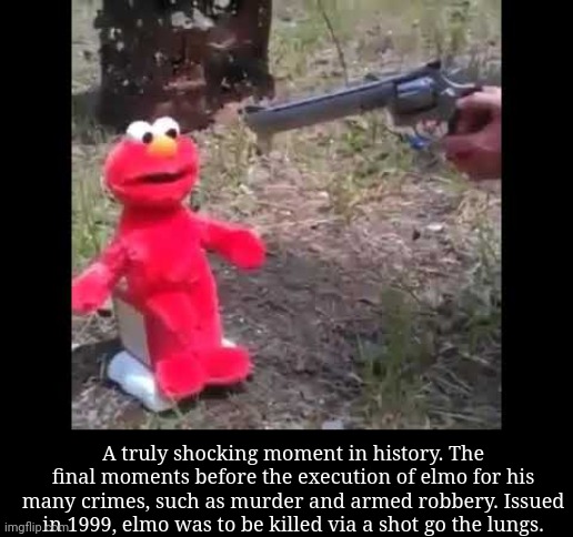 Elmo gets shot | A truly shocking moment in history. The final moments before the execution of elmo for his many crimes, such as murder and armed robbery. Issued in 1999, elmo was to be killed via a shot go the lungs. | image tagged in elmo gets shot | made w/ Imgflip meme maker