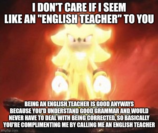 Super Shadow | I DON'T CARE IF I SEEM LIKE AN "ENGLISH TEACHER" TO YOU; BEING AN ENGLISH TEACHER IS GOOD ANYWAYS BECAUSE YOU'D UNDERSTAND GOOD GRAMMAR AND WOULD NEVER HAVE TO DEAL WITH BEING CORRECTED, SO BASICALLY YOU'RE COMPLIMENTING ME BY CALLING ME AN ENGLISH TEACHER | image tagged in super shadow | made w/ Imgflip meme maker