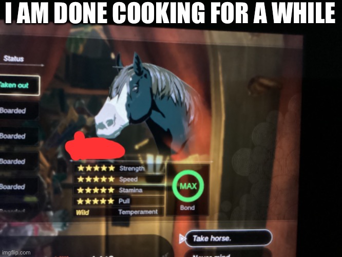 I upgraded it to max :D | I AM DONE COOKING FOR A WHILE | image tagged in horse,legend of zelda | made w/ Imgflip meme maker