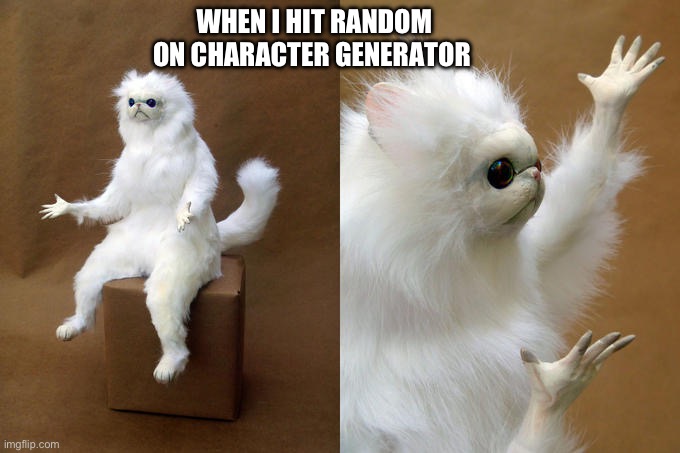 Persian Cat Room Guardian Meme | WHEN I HIT RANDOM ON CHARACTER GENERATOR | image tagged in memes,persian cat room guardian | made w/ Imgflip meme maker