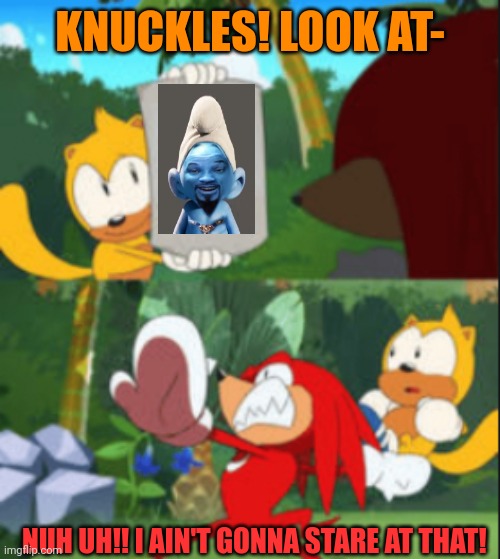 Knuckles throws Ray | KNUCKLES! LOOK AT-; NUH UH!! I AIN'T GONNA STARE AT THAT! | image tagged in knuckles throws ray | made w/ Imgflip meme maker