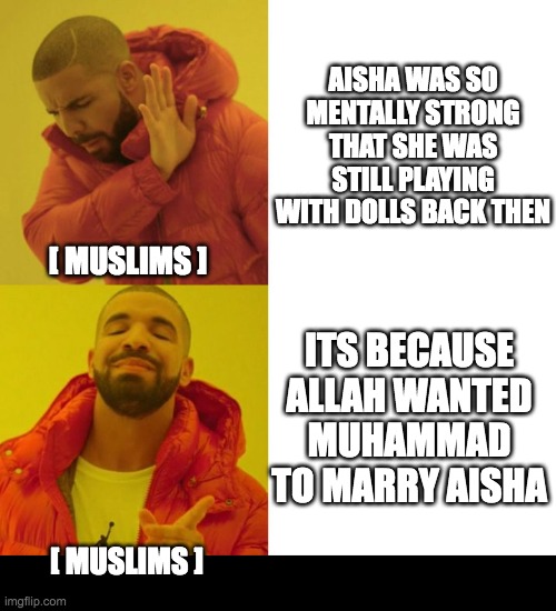 Drake Blank | AISHA WAS SO MENTALLY STRONG THAT SHE WAS STILL PLAYING WITH DOLLS BACK THEN; [ MUSLIMS ]; ITS BECAUSE ALLAH WANTED MUHAMMAD TO MARRY AISHA; [ MUSLIMS ] | image tagged in drake blank | made w/ Imgflip meme maker