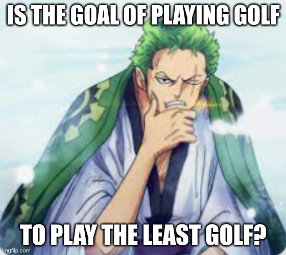 think=zoro | IS THE GOAL OF PLAYING GOLF; TO PLAY THE LEAST GOLF? | image tagged in think zoro,one piece,zoro | made w/ Imgflip meme maker