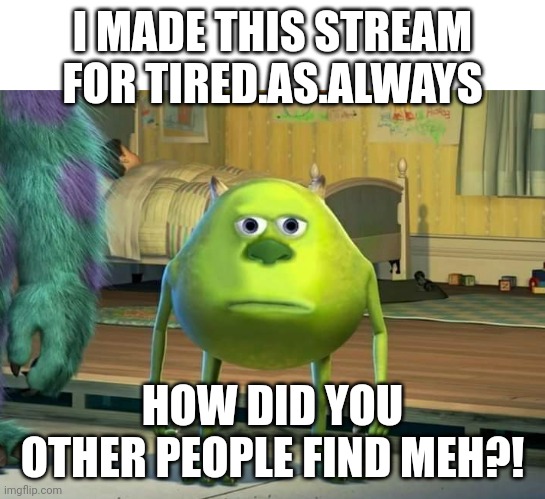 Mike Wazowski Bruh | I MADE THIS STREAM FOR TIRED.AS.ALWAYS; HOW DID YOU OTHER PEOPLE FIND MEH?! | image tagged in mike wazowski bruh | made w/ Imgflip meme maker