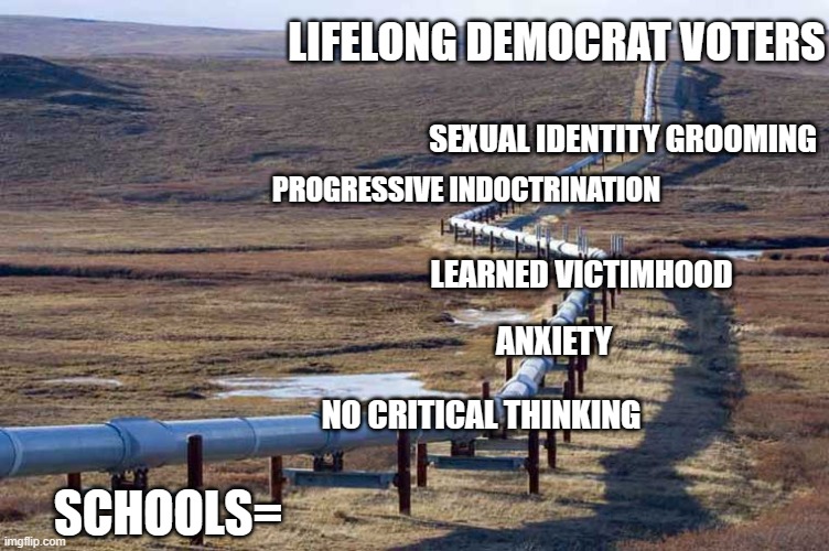 progressive pipeline | LIFELONG DEMOCRAT VOTERS; SEXUAL IDENTITY GROOMING; PROGRESSIVE INDOCTRINATION; LEARNED VICTIMHOOD; ANXIETY; NO CRITICAL THINKING; SCHOOLS= | image tagged in pipeline | made w/ Imgflip meme maker