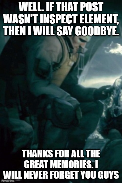 Mother | WELL. IF THAT POST WASN'T INSPECT ELEMENT, THEN I WILL SAY GOODBYE. THANKS FOR ALL THE GREAT MEMORIES. I WILL NEVER FORGET YOU GUYS | image tagged in mother | made w/ Imgflip meme maker
