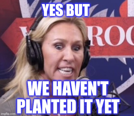 Marjorie Taylor Greene GOP Beauty | YES BUT WE HAVEN'T PLANTED IT YET | image tagged in marjorie taylor greene gop beauty | made w/ Imgflip meme maker