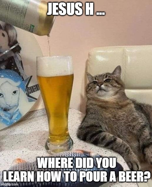 Quittin' Time | JESUS H ... WHERE DID YOU LEARN HOW TO POUR A BEER? | image tagged in beer,cat,work,hardworking guy,working class,funny cats | made w/ Imgflip meme maker